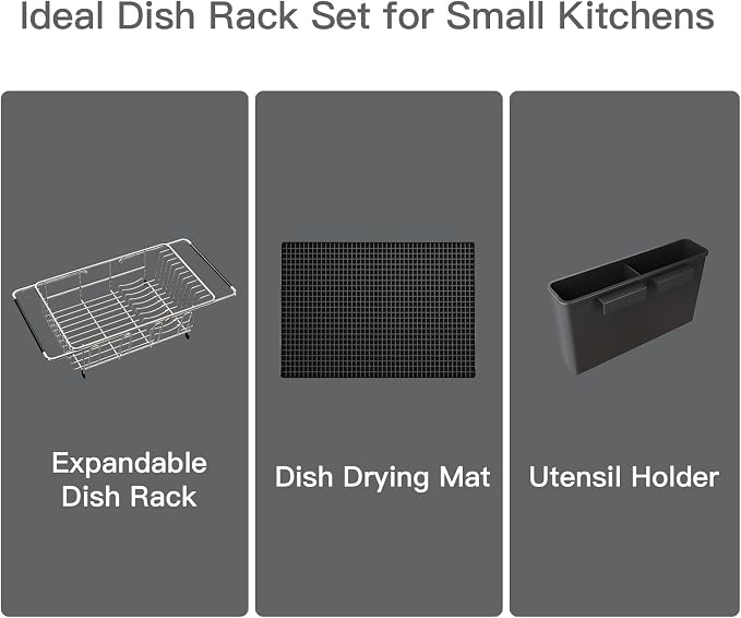 MAJALiS Dish Drying Rack Over The Sink with Utensil Holder, Mat | Expandable Stainless Steel Dish Drainer for Small Kitchen, Apartment, RV, Counter Space Saving, Perfect Fit, Rustproof