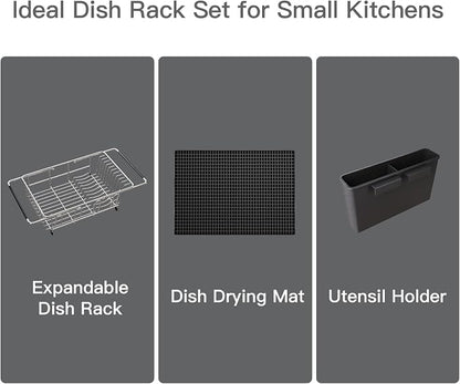 MAJALiS Dish Drying Rack Over The Sink with Utensil Holder, Mat | Expandable Stainless Steel Dish Drainer for Small Kitchen, Apartment, RV, Counter Space Saving, Perfect Fit, Rustproof