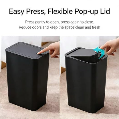 Compact Push-in Trash Can with Lid for Bathrooms, Kitchens, Living Rooms, Offices, Etc., Trash Can with Pop-Up Lid, 10 Liter/2.6 Gallon Slimline (Black，2 Pieces)