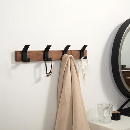 Coat Rack Wall Mount - 15.7 Inches Walnut Wood Coat Hooks Coat Rack Wall Mount with 4 Hooks Black Aluminum Coat Hooks for Hanging Coat Hat Bag Hat Rustproof Coat Hanger