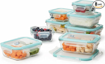 8 Pack Glass Food Storage Containers with Airtight Lids, Glass Sets with Lids, Meal Prep Containers for Microwave, Oven, Freezer and Dishwasher