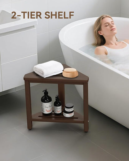 Shower Foot Rest 15in, HDPE Waterproof Shower Stool for Inside Shower, Corner Shower Stool for Shaving Legs with Storage Shelf for Small Space, Shower Step Stool, Plastic Corner Shower Bench, Brown