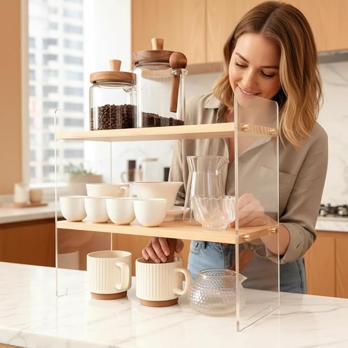 Coffee Station Organizer 2 Tier, Solid Wood Mug Shelf for Coffee Bar,Matcha Station,Tea Storage - Holds Mugs,Beans,Syrup,Cups,Tirrers (Transparent Acrylic, 15.4" L x 5.7" W x 13.4" H)