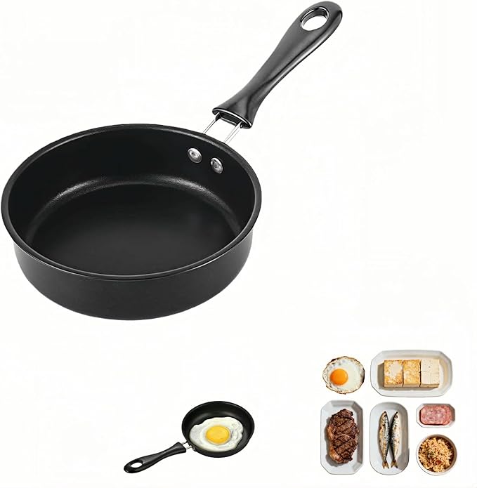 4.7 Inch Mini Frying Pan, Black Non-Stick Egg Pan with Hanging Hole, Flat Bottom Design for Gas, Induction, Electric Stove, Perfect for Single Serve Breakfast, Omelets & Camping, RV Use (Black)