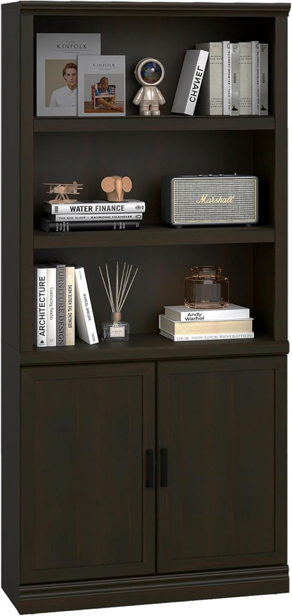 blini 5 Shelf Tall Bookcase with Doors Cherry Wood Bookshelf 31in Wide Display Standing Storage Shelf 72in Tall Wood Book Shelves for Bedroom Living Room Office Library