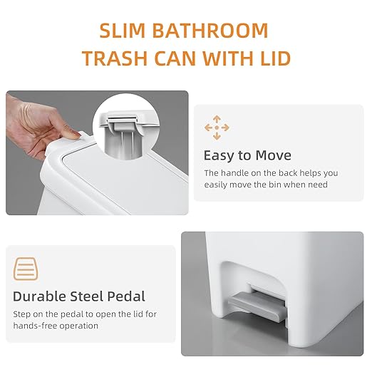 MOPALL Slim Bathroom Trash Can with Lid - 1.9 Gallon Dual-Way Opening (Step Pedal & Press Top) Small Trash Can for Narrow Spaces, Rust-Proof Wastebasket Small Garbage Can for Bathroom, Bedroom, Office