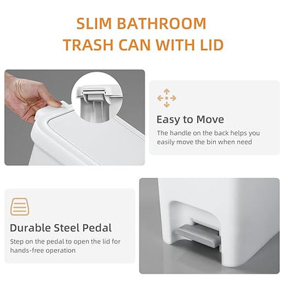 MOPALL 21.5L/5.7Gal Slim Bathroom Trash Can with Lid Soft Close, Bathroom Garbage Can with Press Top Lid & Foot Pedal, Step Trash Bin Wastebasket Waste Bin for Home, Kitchen, Garage, Apartment, Office
