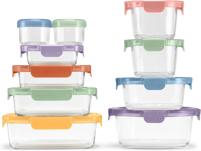 Ello Color Lock Glass Meal Prep Sets Leak-Proof Glass Food Storage Containers with Airtight BPA-Free Plastic Lids, Dishwasher, Microwave, and Freezer Safe