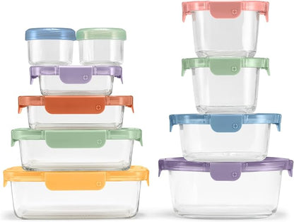 Ello Color Lock Glass Meal Prep Sets Leak-Proof Glass Food Storage Containers with Airtight BPA-Free Plastic Lids, Dishwasher, Microwave, and Freezer Safe