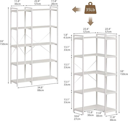 Tohomeor Bookshelf 5 Tier Deformable Corner Bookcase Free Standing Modern Industrial Book Storage Display Book Shelf for Bedroom Living Room Study Room Office (White)