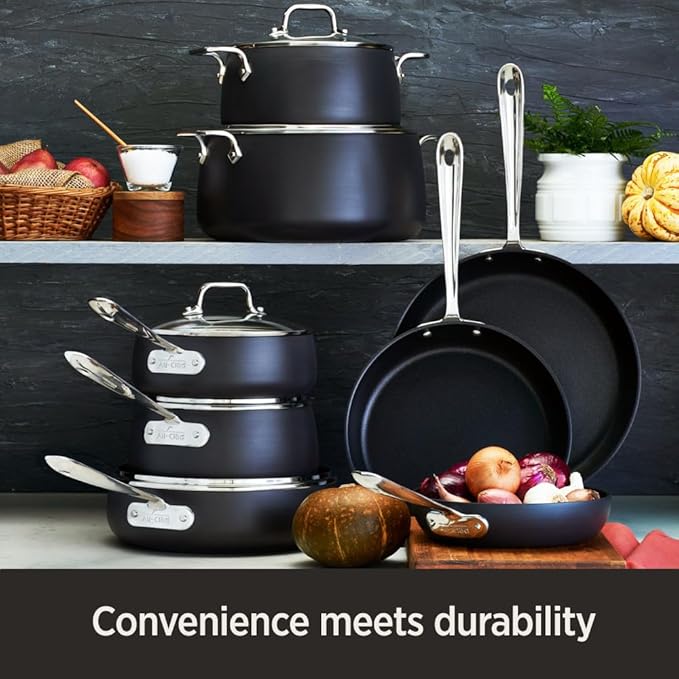 All-Clad HA1 Hard Anodized Nonstick Pots and Pans Set Non Stick Cookware Sets, Oven Broiler Safe 500F, Black