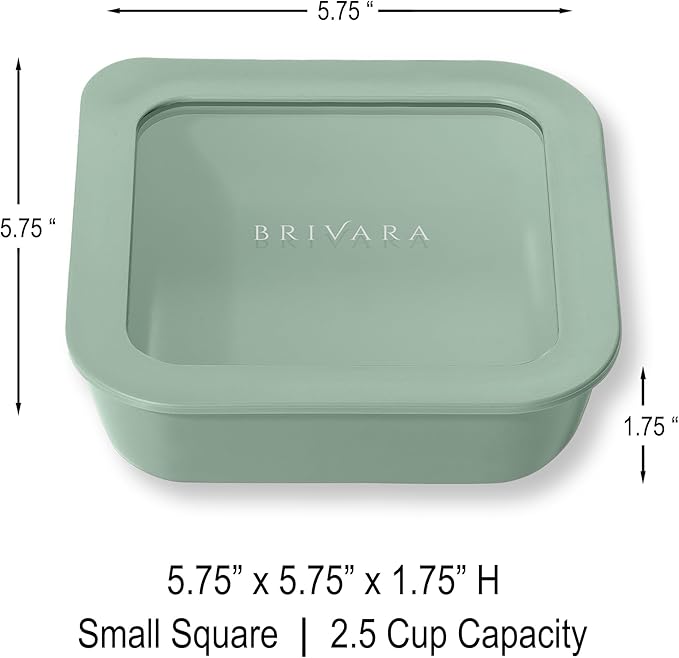 BRIVARA HOME Ceramic Coated Glass Food Storage Container | No PTFE, PFOA, PFAS, and BPA | Reusable Non Toxic Meal Prep Container with Glass Lid | Easy To Store | 2.5 Cup Square [Willow]