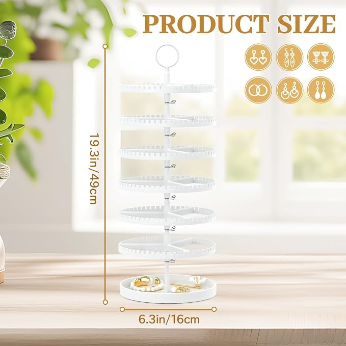 MODOWEY 6 Tier Rotating Earring Holder Organizer Display Tree with Metal Tray, Adjustable Plastic Stand with 342 Slots for Stud Hoop Hanger, Large Capacity Storage Rack for Women Space-Saving, White