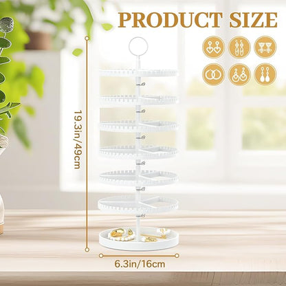 MODOWEY 6 Tier Rotating Earring Holder Organizer Display Tree with Metal Tray, Adjustable Plastic Stand with 342 Slots for Stud Hoop Hanger, Large Capacity Storage Rack for Women Space-Saving, White
