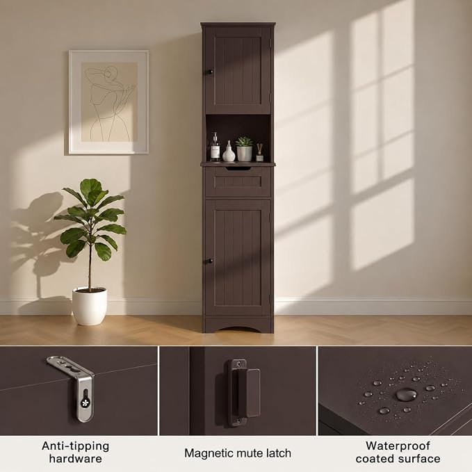 Gizoon 67" H Tall Bathroom Cabinet, Storage Cabinet with 2 Doors & Drawer, Narrow Linen Tower Freestanding Adjustable Shelves for Home, Kitchen, Versatile, Anti-Tipping, Dark Brown | Tall