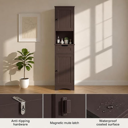 Gizoon 67" H Tall Bathroom Cabinet, Storage Cabinet with 2 Doors & Drawer, Narrow Linen Tower Freestanding Adjustable Shelves for Home, Kitchen, Versatile, Anti-Tipping, Dark Brown | Tall