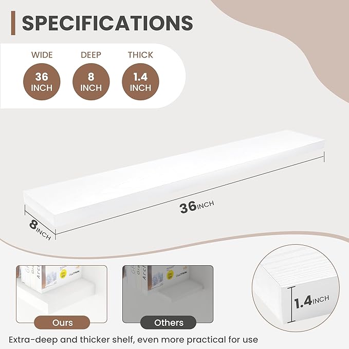 Acovy 36 Inch Floating Shelves, 8 Inch Deep Floating Shelves for Wall, Hanging Shelf with Invisible Brackets, Deep Shelves for Bathroom, Bedroom, Living Room, White, Set of 2