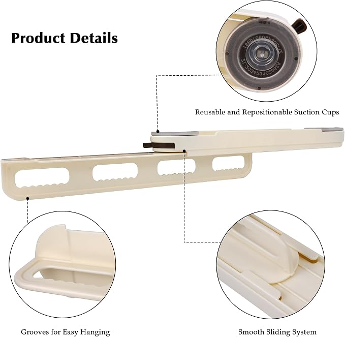 Pull Out Closet Rod, Suction Cup Valet Rod for Closet, No Drilling Extendable Closet Hanger Organizer, Sliding Wardrobe Clothing Rail, 14 Inch, Beige