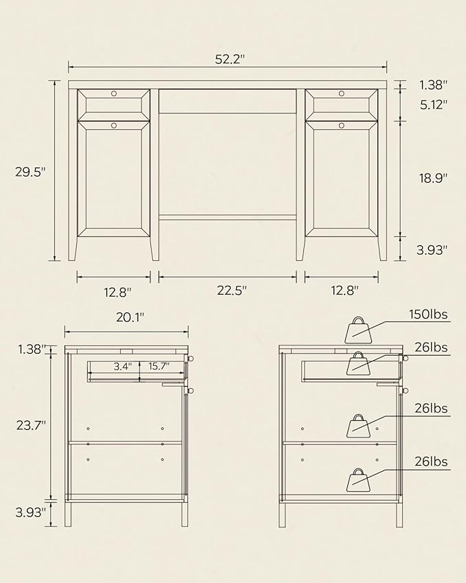52" Executive Desk with Storage Drawer, Farmhouse Home Office Desk with Storage Cabinet Wood Computer Writing Desk for Study Office, Natural Oak