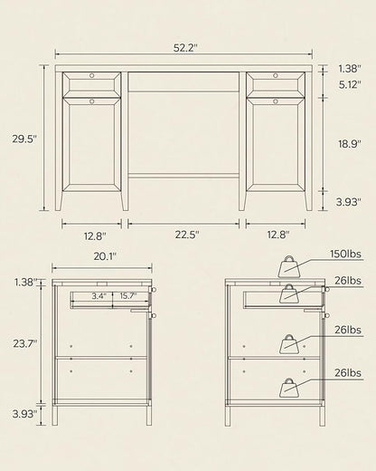 52" Executive Desk with Storage Drawer, Farmhouse Home Office Desk with Storage Cabinet Wood Computer Writing Desk for Study Office, Natural Oak