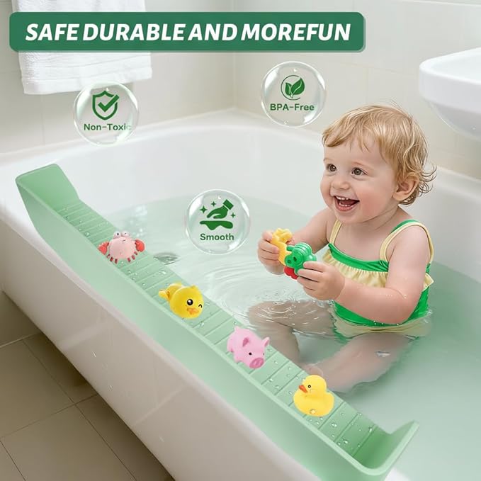 Bathtub Splash Guard for tub Kids& Bath Shelf for Kids – Toddler Bath Tray, Bath Toys Storage & Ledge Organizer – Splash Guard for Bathtub with Suction Cups – Kids Bathroom Accessories(2.6FT, Green)