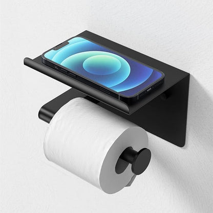Matte Black Toilet Paper Holder with Shelf, Fits Mega Rolls, Rustproof Stainless Steel, Self Adhesive Wall Mount Toilet Paper Roll Holder, for Bathroom, Washroom, Kitchen, RV