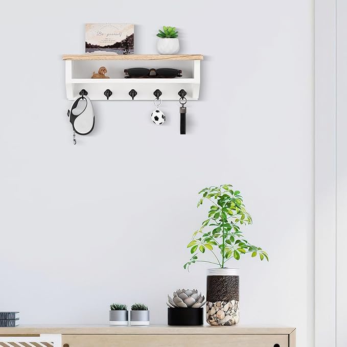 Nekon Key Holder Wall Mount, Wall Organizer Shelf with 5 Key Hooks, Room Decor for Home and Apartment Essentials, Light Brown and White