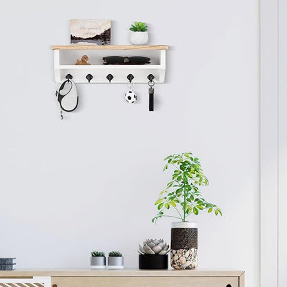 Nekon Key Holder Wall Mount, Wall Organizer Shelf with 5 Key Hooks, Room Decor for Home and Apartment Essentials, Light Brown and White
