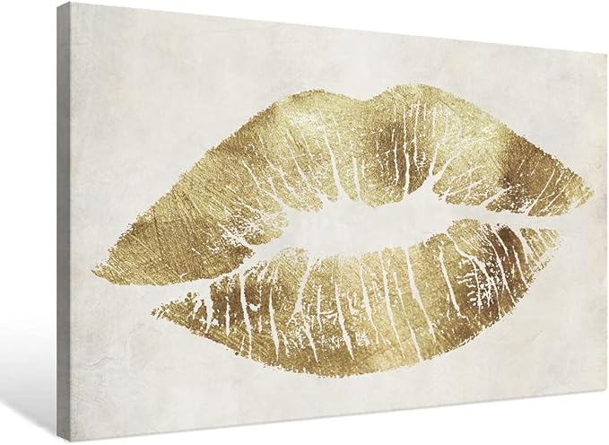 7CANVAS Gold Sexy Lips Wall Art Fashion Decor Vintage Lips Print Picture Stretched Wall Art For Bedroom Home Decor Ready to Hang 16x12Inch