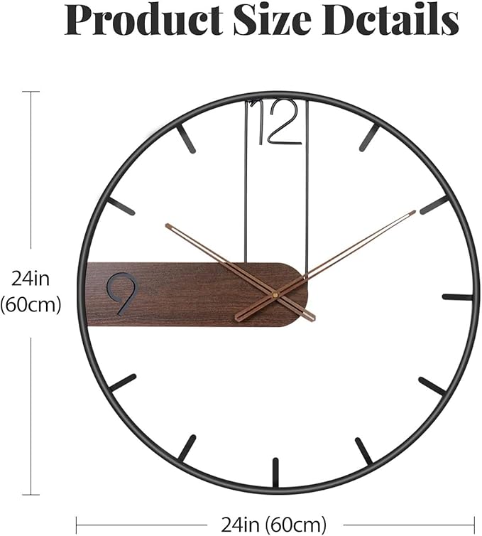 Cuspin Modern Large Wall Clock 24 Inch, Wood Metal Frame Silent Non Ticking Battery Operated Wall Clocks Decoration for Living Room, Bedroom, Kitchen, Minimalist Walnut Dial Arabic Numerals
