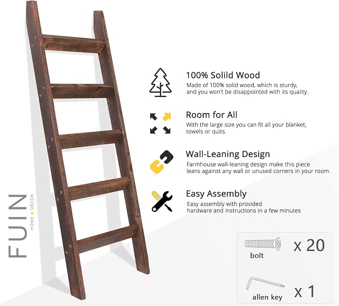 FUIN 5ft (58") Wood Blanket Ladder Living Room Decorative Wall Leaning Farmhouse Quilt Display Holder Rustic Wooden Towel Rack for Bathroom, Brown