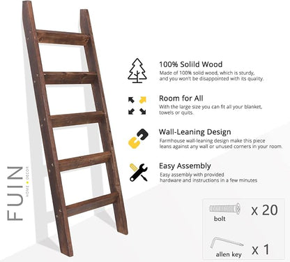 FUIN 5ft (58") Wood Blanket Ladder Living Room Decorative Wall Leaning Farmhouse Quilt Display Holder Rustic Wooden Towel Rack for Bathroom, Brown
