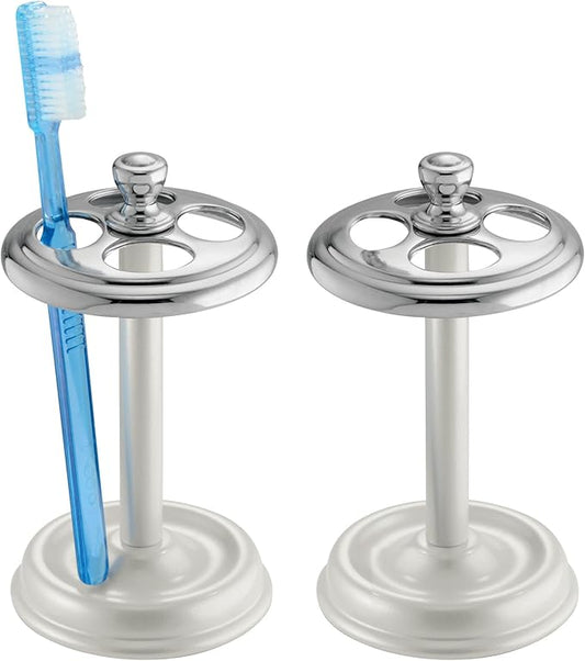 iDesign Toothbrush Holder for Bathroom - 4-Section Toothbrush Stand for Countertop, 2-Pack, White/Chrome