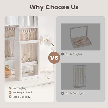 Lolalet Upgraded Double-Sided Hanging Necklace Organizer Box, Jewelry Display Case with Double-Sided Clear Window for Necklaces Bracelets, Tangle-Free Necklace Storage Box, White, 1-Layer 20 Hooks