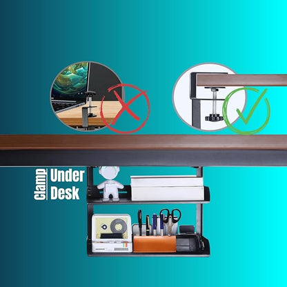 Yuxh Clamp On Desk Shelf 2 Tier Cilp Under Table Organizer, Black-S, 15 inch