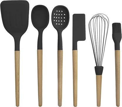 Country Kitchen Non Stick Silicone Utensil Set with Rounded Wood Handles for Cooking and Baking, 6 Piece Set, Black | Rounded Wood Handles, For Cooking and Baking