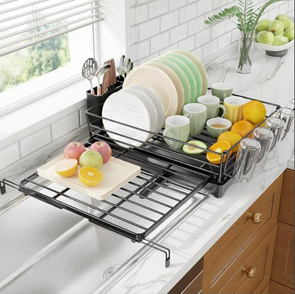 Ekisemio Expandable Dish Drying Rack with Utensil Holder & Drip Tray, Black | Ekisemio 12.7"-21.7" Expandable Dish Rack | 360° Swivel Spout | Steel Frame | Dual Utensil Holder | Tool-Free | Anti-Slip