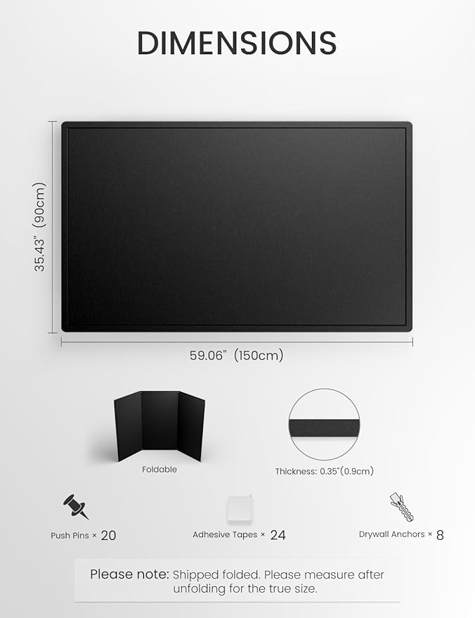 Fluxynara Large Bulletin Board, 59" x 35.4" Cork Board Alternative with 24 Safe Removable Adhesive Tabs, Foldable Felt Pin Board for Home Office, Classroom, Bedroom,Entryway for Walls— Black