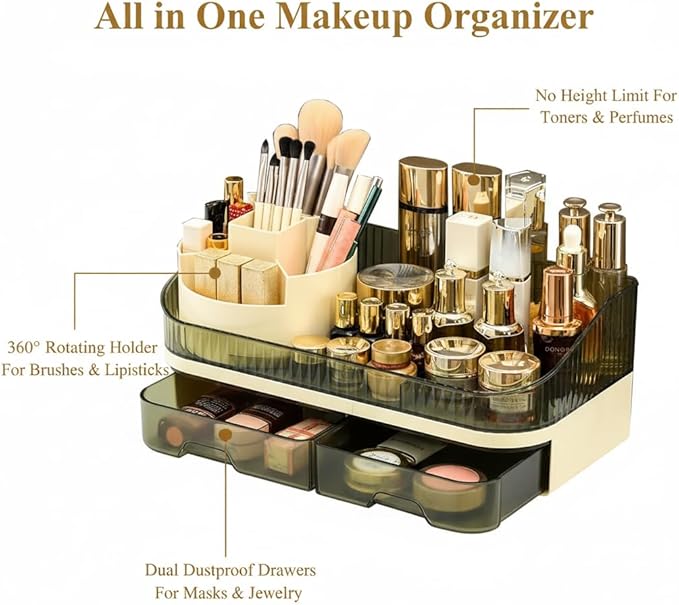 Makeup Organizer Countertop with Dual Drawers, Large Capacity Cosmetic Storage for Vanity Bathroom Skincare, 360° Rotating Makeup Brush Holder
