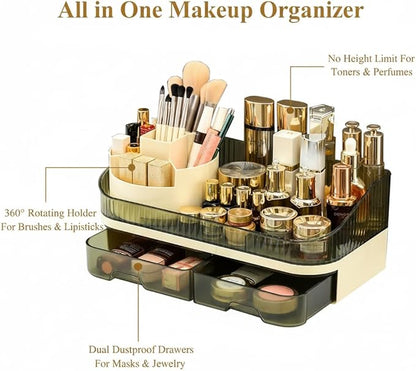Makeup Organizer Countertop with Dual Drawers, Large Capacity Cosmetic Storage for Vanity Bathroom Skincare, 360° Rotating Makeup Brush Holder