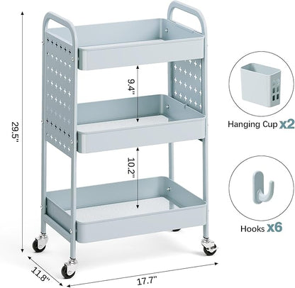 KINGRACK 3 Tier Rolling Cart with DIY Hanging Board, Metal Rolling Utility Cart with Wheels Handles Baskets Hooks, Rolling Storage Cart Suitable for Bathroom, Kitchen, Office, Nursery Diaper (Green)