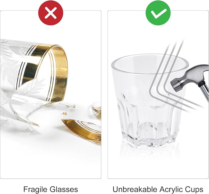 Plastic Drinking Glasses Set of 6, Unbreakable Water Tumbler, Acrylic Plastic Cups, Reusable Kids Drinking Cups for Children Kitchen Cocktail Picnic Party Juice Whiskey Wine (6pc-clear-260ml/9oz)