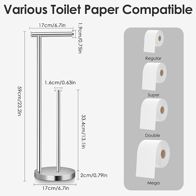 Toilet Paper Holder Stand, Bathroom Toilet Paper Stand with Large Reserve, Non Tipping Weighted Free Standing Toilet Paper Holder, Rustproof & Anti-Corrosion Chrome Toilet Paper Holder Free Standing