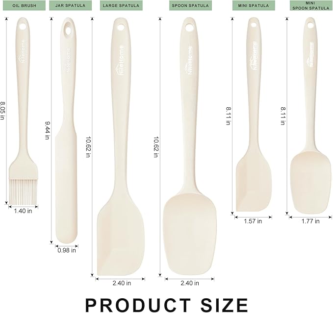 NileHome Silicone Spatula Set, 6 Pieces Food Grade Kitchen Utensils with Silicone Brush Heat Resistant Up to 600°F Dishwasher Safe BPA-Free Rubber Spatula for Scraping, Baking, Cooking, Mixing-Ivory