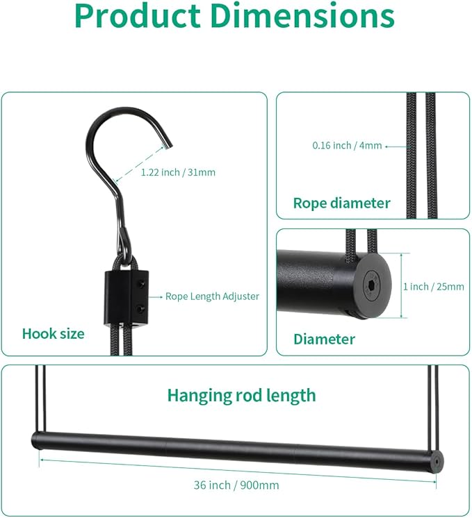 BaiNong Adjustable Closet Hanging Rod Heavy Duty 36'' Black (Black, 36 Inch)