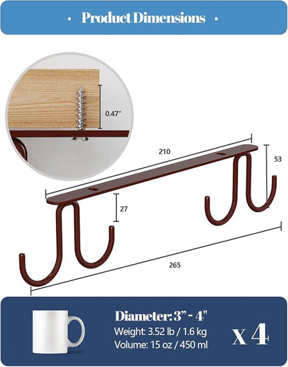 Luckinow Mug Hooks Under Cabinet 3 Pack, Coffee Cup Hooks for Hanging Under Shelf, Mug Organizer Rack with 12 Hooks for Displaying Mugs, Coffee Cups and Kitchen Utensils, Brown