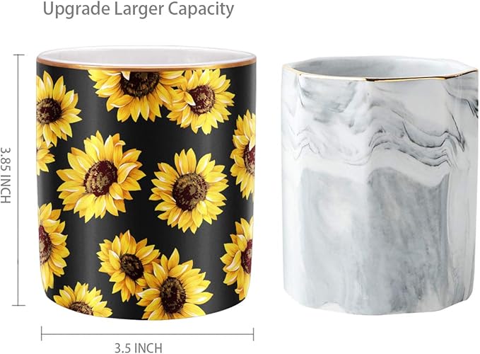 WAVEYU Pen Holder, Cute Pencil Holder for Desk, Makeup Brush Holder Floral Pattern, Pencil Cup for Girls Women, Durable Ceramic Desk Organizer Flower Decor for Office, Classroom, Sunflower