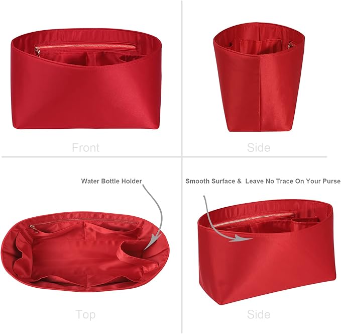 Purse Organizer Insert For Handbags, Silk Purse Organizer with Zipper, Silky Smooth, Bag Organizer For Speedy Neverfull Tote,onthego,Artsy, 6 Sizes(XL,Silky Red)