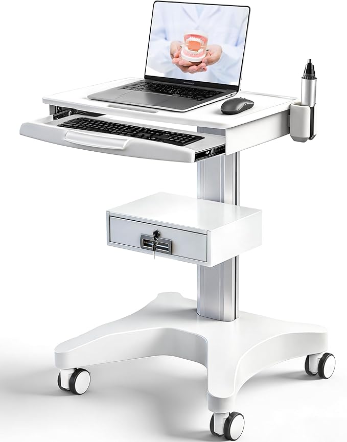 White Medical Trolley Cart with Laptop Tray & Oral Scanner Holder 220LBS, Mobile Workstation with Wheels & Drawer for Hospital Dental Clinics Beauty Salons Lab