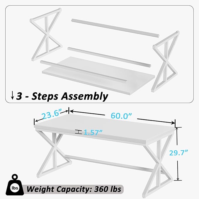 IBF Modern White Computer Desk, Industrial Long Home Office Desk for Student, Large Metal Wood Writing Study Work Desks, Farmhouse Executive Gaming Computer Table for Bedroom Living Room, White, 60 In